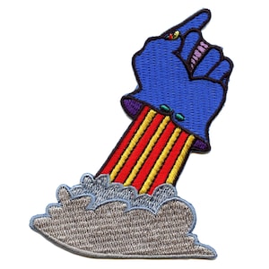 May include: An embroidered patch of a blue hand reaching out of a grey cloud with red and yellow striped sleeves.