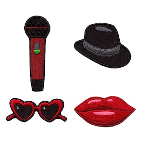 May include: Four embroidered iron-on patches: a red microphone, a black fedora hat, red heart-shaped sunglasses, and red lips.