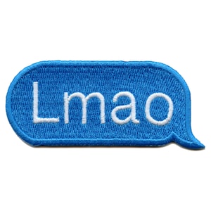 May include: Blue and white embroidered iron-on patch with the text "L.mao" in a text bubble shape.