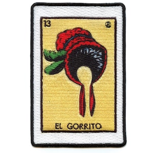 May include: A vintage-style embroidered patch featuring a red, black, and green hat with the text "EL GORRITO" and the number "13" in a yellow frame.