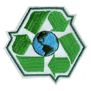 May include: Green and white embroidered patch with a recycling symbol and a blue globe in the centre.