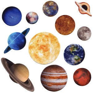 Może przedstawiać: Zestaw kolorowych planet z filcu z pierścieniami, w tym Saturn, Jowisz, Neptun i Ziemia. Planety idealnie nadają się do klasy lub dekoracji domu.