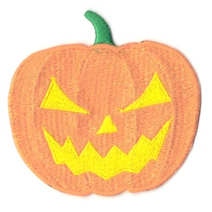 May include: Orange and yellow embroidered pumpkin patch iron-on patch with a jack-o'-lantern face.