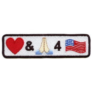 May include: Embroidered patch featuring a red heart, the ampersand symbol, two hands in a praying position, the number 4, and an American flag.