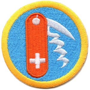 May include: A blue and yellow embroidered patch with a white and orange pocket knife design. The knife has a white cross on the handle.