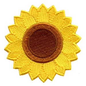 May include: A yellow embroidered sunflower patch with a brown center. The sunflower is a popular symbol of happiness and joy.