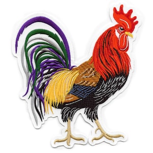 May include: Embroidered patch of a colourful rooster with a white background. The rooster has a red comb and wattle, a brown body, a black tail, and purple, green, and white tail feathers.