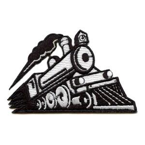 May include: Embroidered patch of a black and white steam train. The patch shows the train's engine, wheels, and smokestack, with detailed stitching. The design is set against a white background, creating a high-contrast image.
