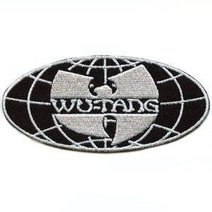 May include: Black and white embroidered patch featuring the Wu-Tang Clan logo. The logo is a stylized "W" inside a globe, with the text "WU-TANG" below. The patch has a black background and a white border.