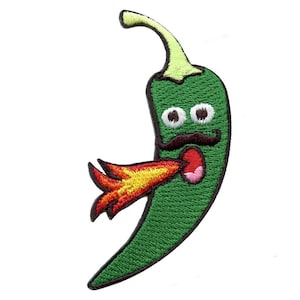 May include: Green embroidered chilli pepper with a cartoon face, sporting a moustache and blowing fire from its mouth.