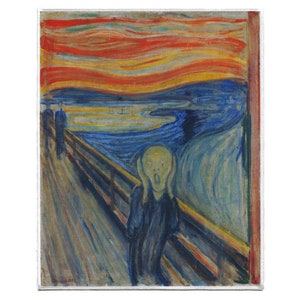May include: A painting of a person screaming with their hands over their ears. The background is a swirling, colorful sky with a bridge and a fjord in the distance. The painting is titled "The Scream" by Edvard Munch.