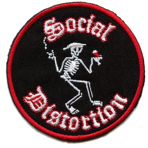 May include: A black and white embroidered patch with a red border. The patch features a skeleton figure holding a glass of wine and the text "Social Distortion".