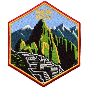 May include: A hexagonal embroidered patch with a red border and a yellow outline. The patch features a depiction of Machu Picchu, a famous Incan citadel in Peru, with a blue sky and white snow-capped mountains in the background. The text "MACHU PICCHU" is written in yellow letters at the top of the patch.