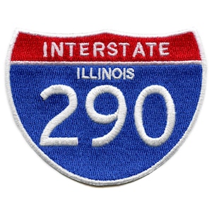 May include: A blue and red interstate highway sign with white text. The sign reads "INTERSTATE ILLINOIS 290".