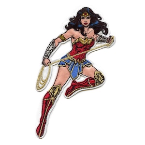 May include: Embroidered patch featuring Wonder Woman in a red and blue costume, with a golden lasso, flying through the air.