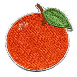 May include: A bright orange embroidered iron-on patch of an orange with a green leaf. The orange has a white outline.