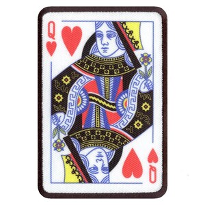 May include: A playing card with a brown border. The card is white with a red heart in the upper left corner and a red heart in the lower right corner. The card shows a queen with a crown and a red and blue dress. The card says "Q" in the upper left corner and "Q" in the lower right corner.