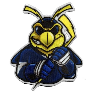 May include: A cartoon bee wearing a blue hockey jersey and holding a hockey stick. The bee has yellow and black stripes and a menacing expression.