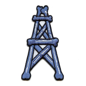 May include: Blue and white embroidered iron-on patch of an oil derrick.