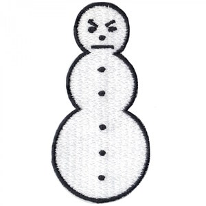 May include: A black and white cartoon snowman with an angry expression. The snowman has three snowballs stacked on top of each other.