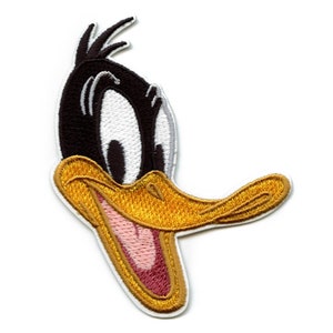 May include: An embroidered iron-on patch featuring a cartoon duck with a yellow beak and a pink open mouth. The duck has black feathers and white eyes.