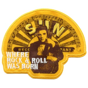 May include: Yellow and brown embroidered patch featuring a picture of Elvis Presley and the text "Sun Records Company Where Rock & Roll Was Born".