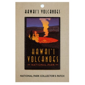 May include: A black embroidered patch featuring the text "Hawai'i Volcanoes National Park" and a depiction of a volcano erupting with orange and yellow lava.