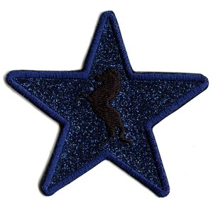 May include: A blue glitter star with a black silhouette of a horse inside. The star has a dark blue outline.