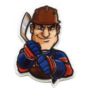 May include: A cartoon hockey player wearing a brown hard hat, blue and red jersey, and blue and red gloves, holding a hockey stick.