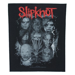 May include: Black and white band patch with the word "Slipknot" in red lettering. The patch features a collage of the band members' faces wearing their signature masks.