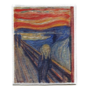 May include: A painting of a person screaming with a swirling, colorful background. The sky is a vibrant red, orange, and yellow. The person is in the foreground and is wearing a dark blue coat. The background is a blue and gray landscape.