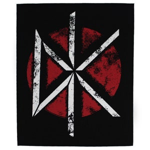 May include: A black and white stylized logo with a red circle in the center. The logo is a stylized letter K with a circle around it.