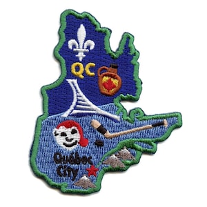 May include: Embroidered patch depicting a blue outline of Quebec City, Canada, with various icons including a fleur-de-lis, a maple leaf, a hockey stick, and the text "Quebec City".
