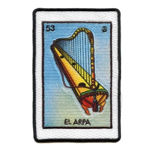 May include: A white card with a black border, depicting a colorful harp with the number 53 and the text "El ARPA" at the bottom.