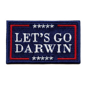 May include: A blue and red embroidered patch with white text that reads "Let's Go Darwin" surrounded by stars.