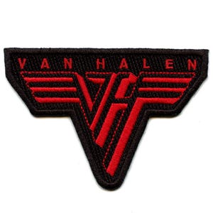Könnte beinhalten: Schwarzer und roter gestickter Patch mit dem Text "Van Halen" und einem stilisierten roten Logo mit Flügeln.