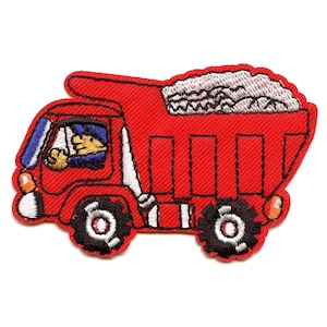 May include: Red embroidered iron-on patch of a dump truck with a driver and a load of gray gravel in the bed.