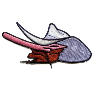 May include: An embroidered patch of a blue and white rhinoceros with a pink horn and brown details.