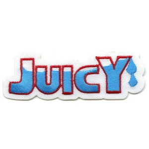 May include: A white embroidered patch with the word "Juicy" in red and blue. The letters are filled with blue and have a red outline. The "Y" has a blue drop of liquid coming from it.