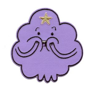 May include: Purple cloud-shaped character with a gold star on its head, smiling with its hands covering its mouth. The character has black eyes and a black mouth.