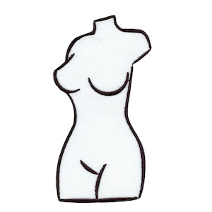 Puede incluir: Un contorno blanco de un torso femenino, con un contorno negro, sobre un fondo blanco.