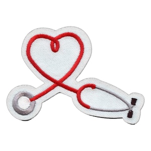 May include: Red embroidered stethoscope with a heart-shaped tube, on a white background.