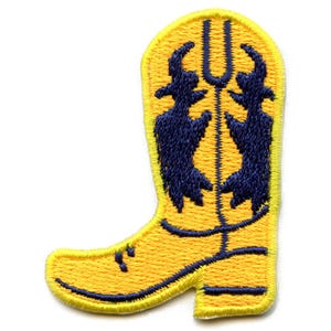 May include: Yellow embroidered cowboy boot patch with dark blue stitching and a design of two stylised figures inside the boot.