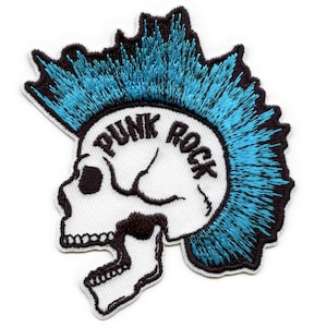 May include: An embroidered iron-on patch featuring a white skull with a blue mohawk and the text "Punk Rock" in black.