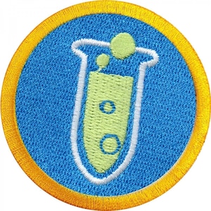 May include: A blue and yellow embroidered patch with a white outline of a test tube filled with a green liquid and bubbles.