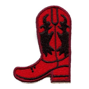 May include: Red embroidered cowboy boot patch with black stitching and a black boot shaft design.