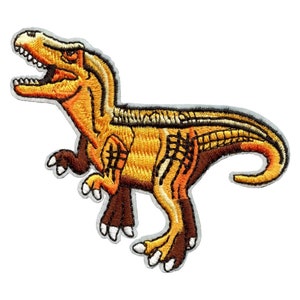 May include: A yellow and orange embroidered dinosaur patch. The dinosaur is standing on all fours with its mouth open and its tail curled up.