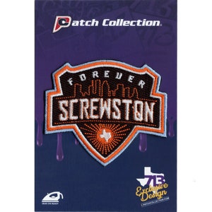 May include: Iron-on patch featuring a black shield with an orange outline. The shield has a white cityscape with the text "FOREVER" above and "SCREWSTON" below. The shield has a small orange starburst with a white outline and a white Texas silhouette in the centre. The patch is on a purple background with the text "Patch Collection" at the top and "713 Exclusive Design" at the bottom.