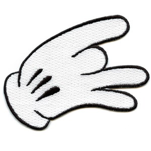 May include: A white fabric patch with a black outline of a cartoon hand making the 'rock on' hand gesture.