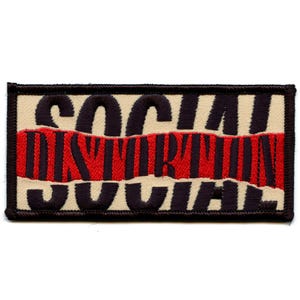 May include: Black and red embroidered patch with the text "SOCIAL DISTORTION SOCIAL" in a wavy, distorted font.